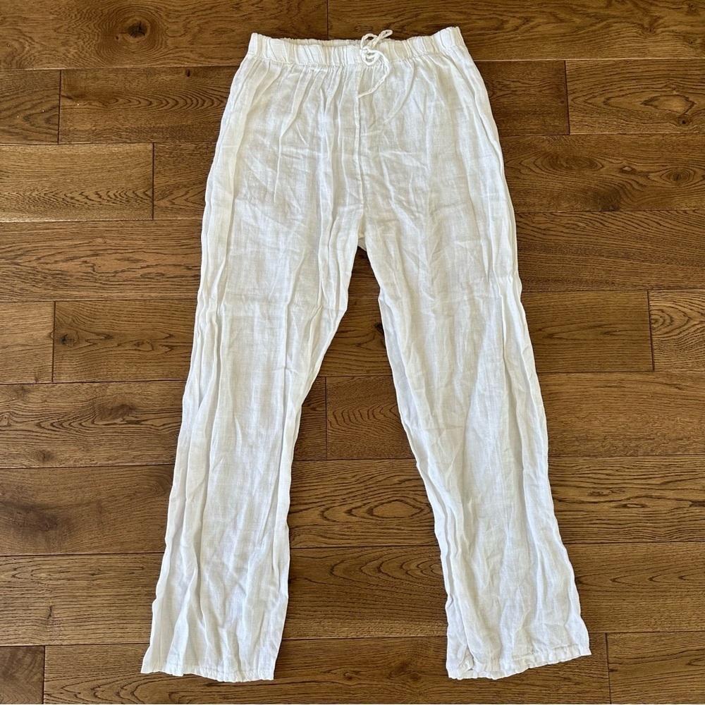 100% White Linen Pants Straight Leg Style Made In Italy